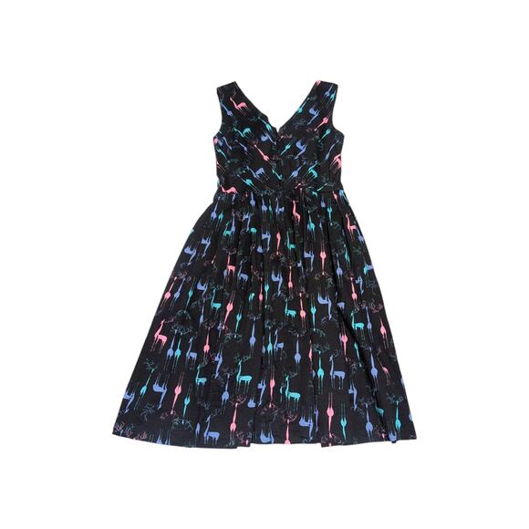 Retrospec'd Reindeer Printed Pleated Dress A-Line Black Multicolor Christmas - Picture 1 of 5